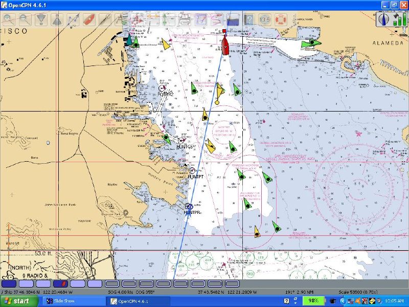 Anchored ships astern.